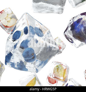 Frutti congelati in un cubo di ghiaccio, ice cube in vista frontale, singolo cubo di ghiaccio isolato su sfondo bianco, rendering 3D Foto Stock