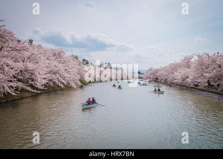 Aomori, Giappone - 28 Aprile 2014: persone si uniscono alla barca in stagno di Hanami festival al parco Hirosaki Foto Stock