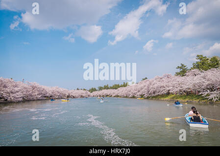 Aomori, Giappone - 28 Aprile 2014: persone si uniscono alla barca in stagno di Hanami festival al parco Hirosaki Foto Stock