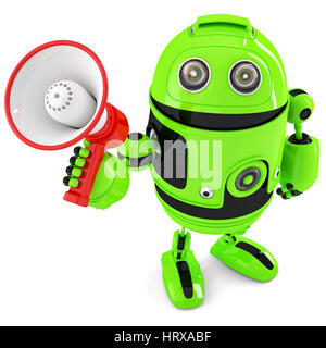 Robot verde gridando in bullhorn. Isolato su bianco. Contiene il percorso di clipping Foto Stock