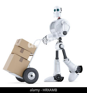 Uomo di consegna con handtruck. Isolato su bianco. Contiene il percorso di clipping Foto Stock