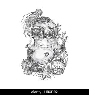 Tatuaggio illustrazione dello stile di rame e ottone old school deep sea diving immersioni casco o standard da diving casco (rame hat), consumato principalmente da professi Foto Stock