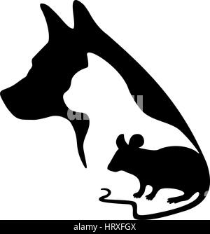 Logo nero per la clinica veterinaria e pet shop. Vettore silhouette di animali domestici su uno sfondo bianco. Cane, gatto e topo. Illustrazione Vettoriale