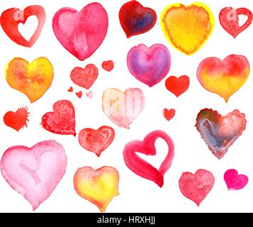 Rosa, Rosso e giallo aquarelle cuori Illustrazione Vettoriale