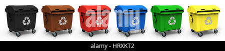 Diversi colori garbage contenitore isolato su sfondo bianco del rendering 3D Foto Stock