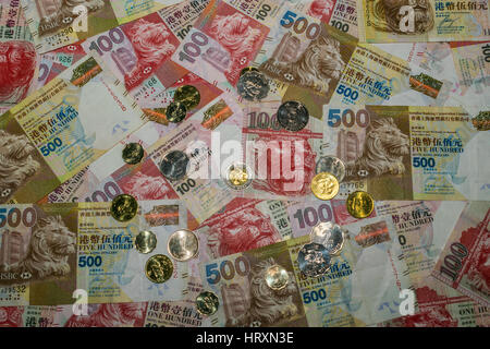 Dollaro di Hong Kong le banconote e le monete in euro Foto Stock