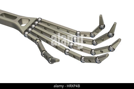 Robot metallico isolato a mano su sfondo bianco del rendering 3D Foto Stock