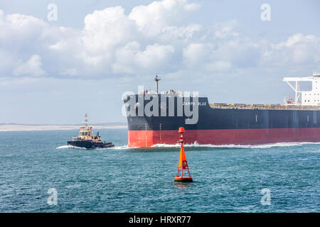 Portarinfuse nave blu Zamba essendo guidato da rimorchiatori nel porto di Newcastle nel Nuovo Galles del Sud, Australia Foto Stock