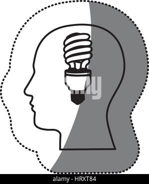 Adesivo di contorno nero volto umano con lampadina fluorescente in mente Illustrazione Vettoriale