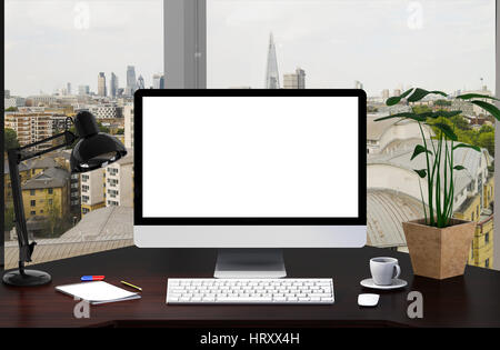 Schermata vuota sul computer desktop con vista città 3D rendering Foto Stock