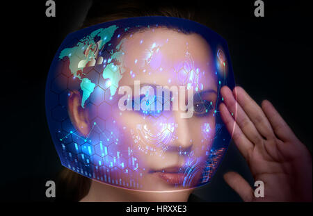 Close-up ritratto di giovane e bella donna con la virtuale occhiali futuristico ( concetto tecnologico).virtuale interfaccia olografica e la giovane donna Foto Stock