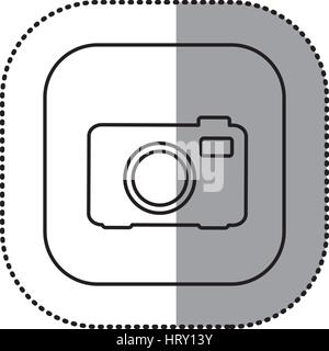Monocromatico con contorno adesivo quadrato di analogico icona fotocamera Illustrazione Vettoriale