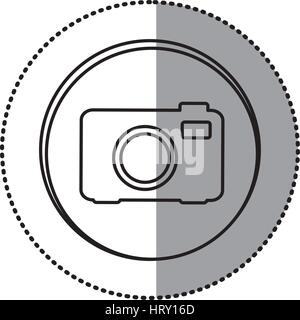 Monocromatico con contorno adesivo cerchio di analogico icona fotocamera Illustrazione Vettoriale