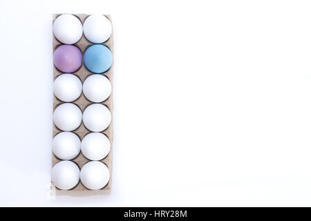 Un uovo di pasqua lavanda tinto o lilla, uno tinti di blu e bianco dieci di un uovo di gallina tan in scatola di cartone da sopra con sfondo bianco e copia di spazio. Foto Stock
