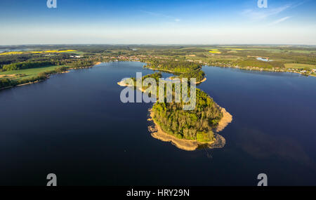 Cracovia lago paesaggio con isole e vista di Cracovia sono vedere, Kuchelmiss, Meclemburgo Lake District, Meclemburgo Lake District, Mecklenburg-Vorpommern Foto Stock