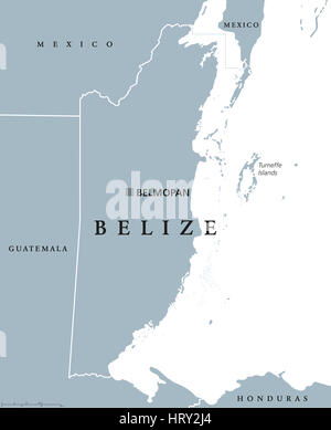 Belize mappa politico con capitale Belmopan e dai confini nazionali. Precedentemente noto come Honduras britannico, paese sulla costa orientale dell'America centrale. Foto Stock