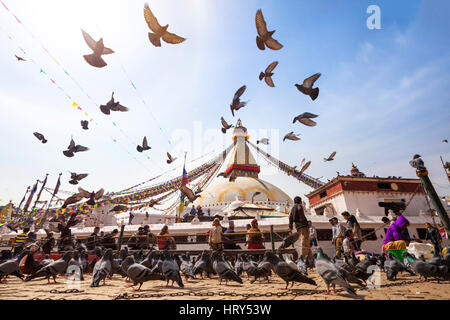 Kathmandu, Nepal - febbraio 25, 2014: uccelli in volo e le preghiere di persone a piedi attorno a boudhanath stupa in bella giornata di sole, pietra miliare buddista Foto Stock