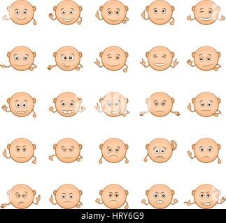 Serie di divertenti Round Bald Smilies con le mani, che simboleggiano varie emozioni umane e umori, isolati su sfondo bianco. Vettore Illustrazione Vettoriale