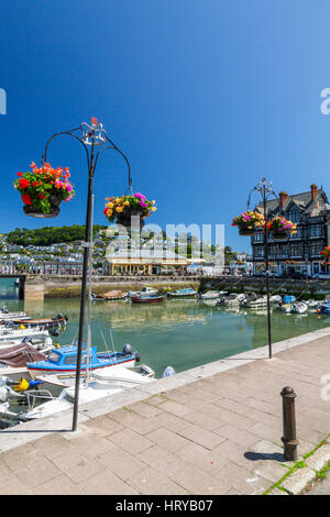 Colorati cestelli appesi circondano il Boatfloat sul fiume Dart a Dartmouth, Devon, Inghilterra, Regno Unito Foto Stock