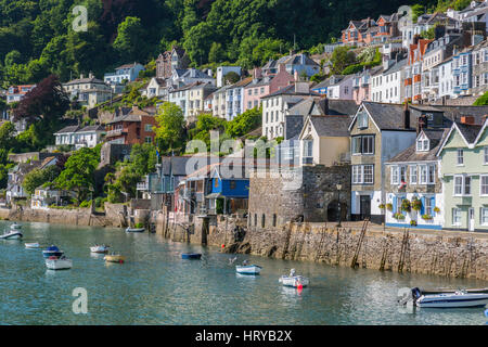 Colorati e costosa linea di case lungo il fiume in corrispondenza e al di sopra di Bayards Cove in Dartmouth, Devon, Inghilterra, Regno Unito Foto Stock