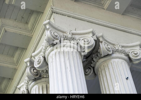 Capitelli decorativi sulla parte superiore delle pieghe di colonne ioniche. Foto Stock