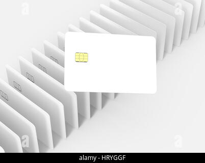 Una carta bianca appoggiata su innumerevoli vuoto bianco chip card, modelli 3D rendering Foto Stock