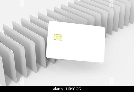 Una carta bianca appoggiata su innumerevoli vuoto bianco chip card, modelli 3D rendering Foto Stock