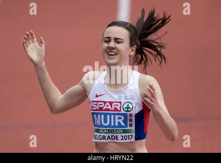 A Belgrado, in Serbia. 05 Mar, 2017. Laura Muir dalla Gran Bretagna vince il 3.000 m di gara a livello Europeo Indoor Athletics Championships 2017 finali a Belgrado in Serbia, 05 marzo 2017. Foto: Sven Hoppe/dpa/Alamy Live News Foto Stock