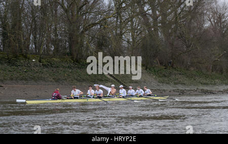 Londra, Regno Unito. Mar 5, 2016. Boat Race fixture. Oxford University Boat Club v ASR Nereus dall'Olanda. Come preparazione per la ricerca sul cancro, UK. 05 Mar, 2017. Le regate di Oxford e Cambridge club partecipano in un certo numero di partite contro altri club. Lista Equipaggio:- OUBC barca blu: 8 Vassilis Ragoussis (corsa), 7 James Cook, 6 Mike DiSanto, 5 Olivier Siegelaar, 4 Josh Bugajski, 3 Oliver Cook, 2 Matthew O'Leary, 1 William Warr (prua), Sam Collier (COX), Credit: Duncan Grove/Alamy Live News Foto Stock