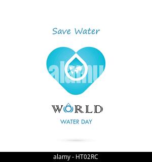 Goccia di acqua con il mondo vettore icona logo design template.Giornata mondiale dell'acqua idea campagna per il biglietto di auguri e di poster.illustrazione vettoriale Illustrazione Vettoriale