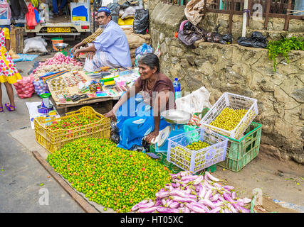 COLOMBO, SRI LANKA - 6 dicembre 2016: l'età street trader si trova in cima al mucchio di peperone verde, accanto alle pareti del municipio della città vecchia in Pettah, su Decem Foto Stock