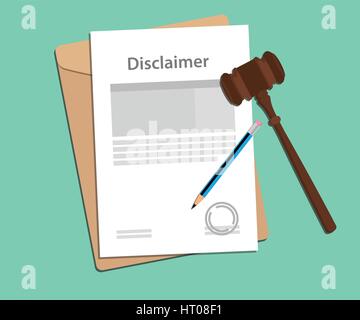 Disclaimer accordo stampigliati con cartella documento, matita blu e giudice martello Illustrazione Vettoriale