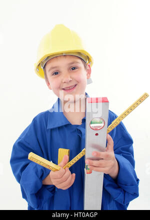 Junge als Handwerker, Bauarbeiter - little boy come costruzione di lavoratore Foto Stock