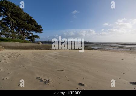 Spiaggia e causeway a bassa marea, Carantec, Francia Foto Stock