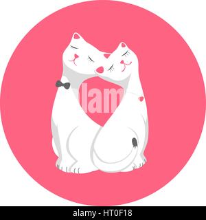 Due amanti cartoon cat seduto accanto in rosa round Illustrazione Vettoriale