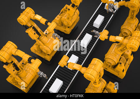 3D rendering bracci robotici con scatole sul nastro trasportatore Foto Stock