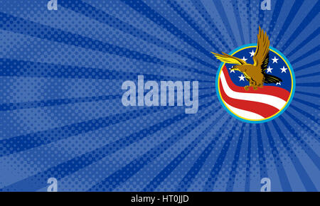 Business card mostra illustrazione di un aquila calva battenti con american USA stelle strisce flag impostato all'interno del cerchio fatto in stile retrò. Foto Stock