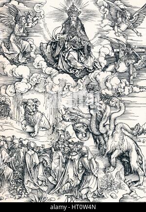"Seven-Headed della bestia e la bestia con agnello, corna", 1498 (1906). Artista: Albrecht Dürer. Foto Stock