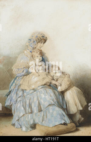 La regina Maria Amalia del francese, con i bambini del Principe Louis, duca di Nemours, 1845. Artista: Winterhalter Franz Xaver, Scuola di Foto Stock