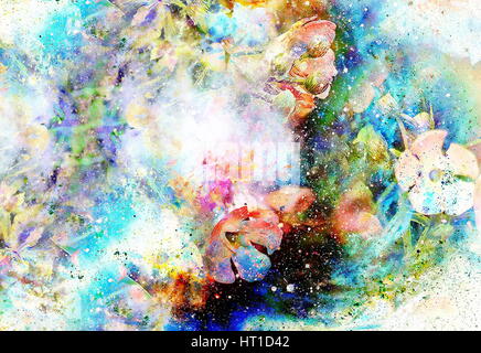 Spazio cosmico con fiori di colore sfondo galaxy, computer collage. Foto Stock