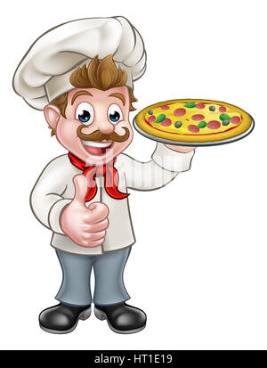 Cartoon chef cucinare carattere tenendo la pizza e dare un pollice in alto Foto Stock