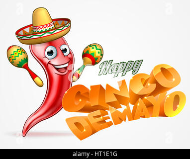 Un Felice Cinco De Mayo banner con peperoncino rosso personaggio dei fumetti in sombrero messicano cappello di paglia tenendo le maracas shakers Foto Stock