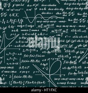 Matematica vettoriale seamless pattern con segni diversi, figure, formule e grafici di funzioni. Math verde sullo sfondo della lavagna Illustrazione Vettoriale