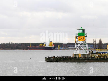 Swinoujscie, Polonia - 21 Febbraio 2017: un verde Bouy nel porto. Molti cormorani seduti intorno a. Sullo sfondo di un cargo in attesa di essere loade Foto Stock