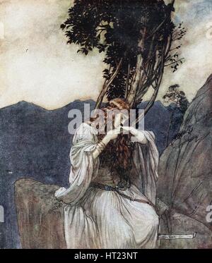 Baci Brünnhilde l'anello che Siegfried ha lasciato con lei. Illustrazione per Siegfried e la Twi Artista: Rackham, Arthur (1867-1939) Foto Stock