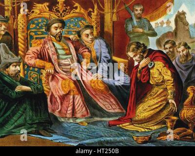 Il principe Alexander Nevsky di accattonaggio Batu Khan della misericordia per la Russia, fine del XIX secolo. Artista: Anonimo Foto Stock