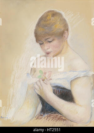 Giovane donna tenendo un fiore. Ritratto dell'attrice Jeanne Samary, c. 1880. Artista: Renoir, Pierre Auguste (1841-1919) Foto Stock