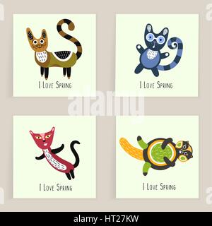 Quattro quadrati di carte. Disegnata a mano divertente marzo gatti. Background artistico con simpatici gattini. Io amo la molla. Esso può essere utilizzato per l'invito, messaggio di ringraziamento Illustrazione Vettoriale