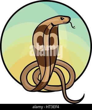 Cobra reale nel cerchio, un badge. Arte animale, stile cartoon, disegnati a mano illustrazione vettoriale di pericolosi serpenti velenosi Illustrazione Vettoriale