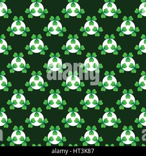 Shamrock, verde Lucky Clover con tre foglie. Rametto contro il cerchio bianco su verde scuro. Il giorno di San Patrizio geometriche pattern senza giunture. Tileabl vettore Illustrazione Vettoriale